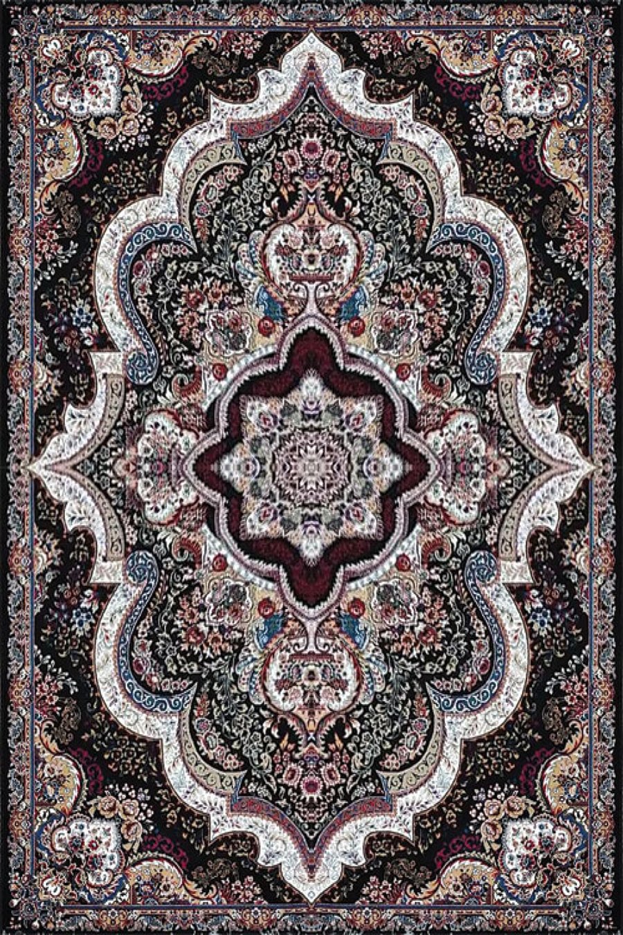 فرش کاشان 500 شانه طرح شهیاد زمینه مشکی (غیربرجسته)