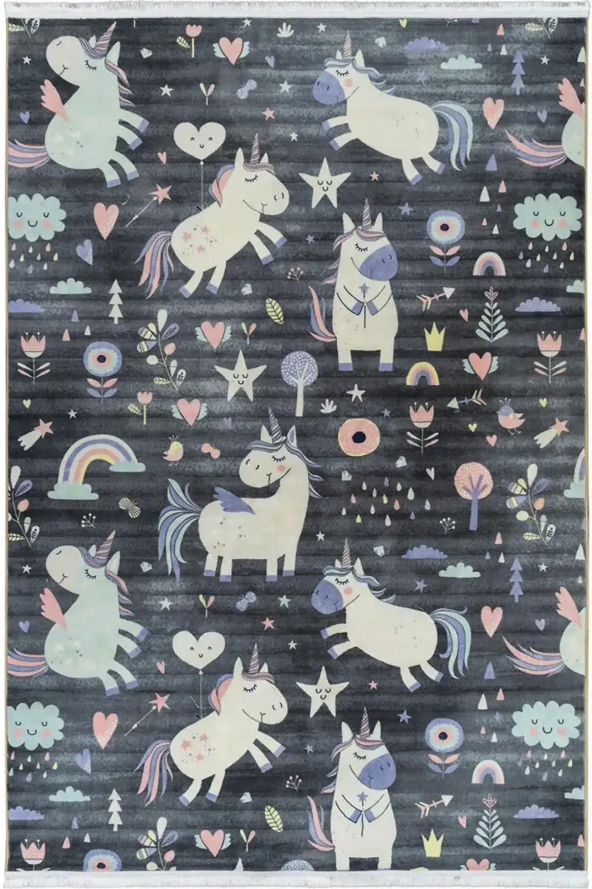 فرش محتشم اتاق کودک طرح اسب تک شاخ کد 25KM0030 زمینه خاکستری (غیربرجسته)