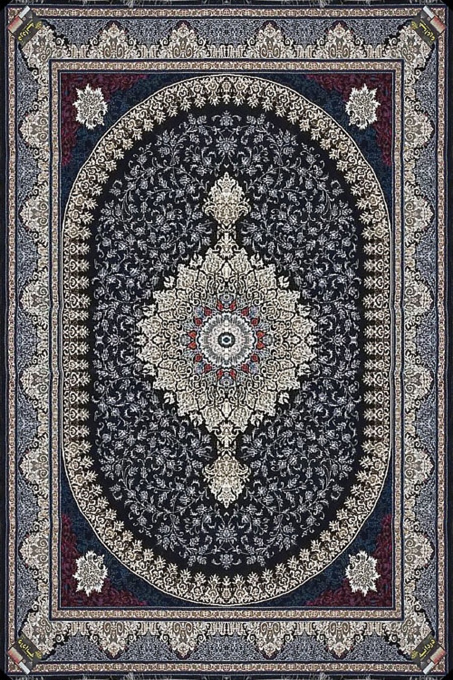 فرش ماشینی بافت رخ 440 شانه طرح گیتی زمینه سورمه ای (غیربرجسته)