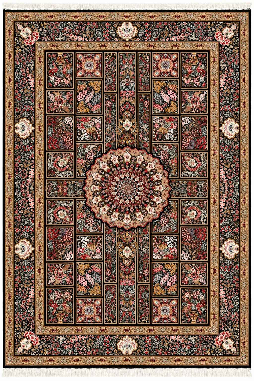 فرش شاهرخ کاشان طرح خشتی افرا سرمه ای با نخ ابریشمی ۱۷۰۰ شانه