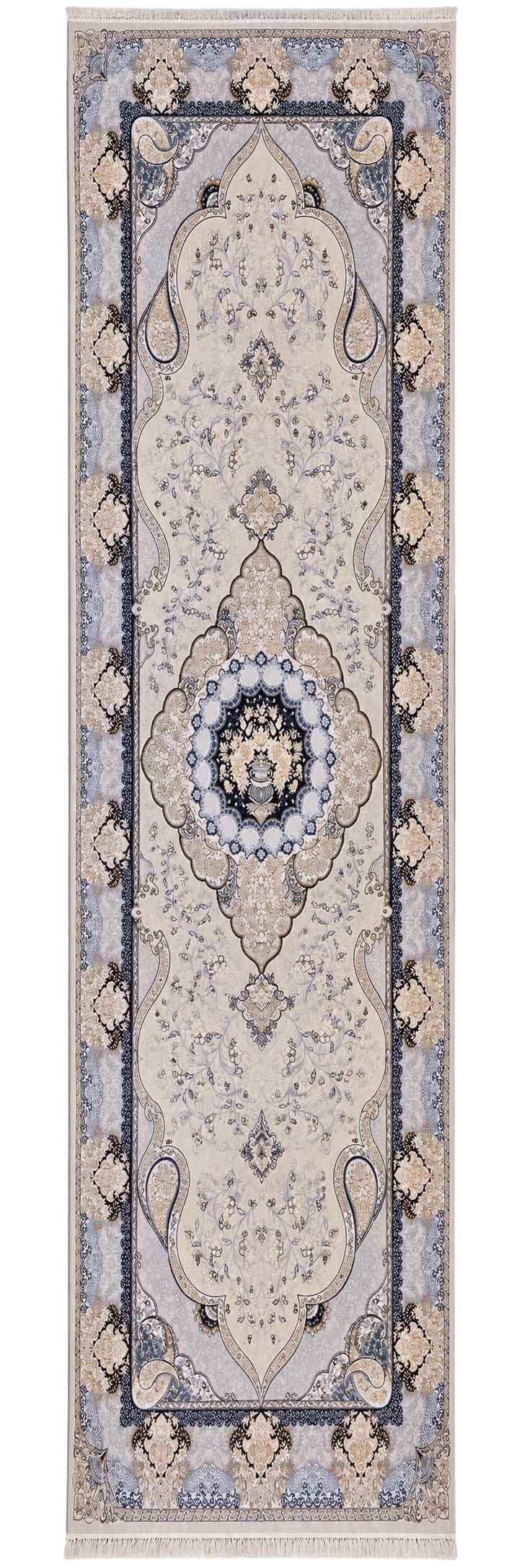 فرش کاشان 700 شانه طرح سوگند زمینه کرم چرک برجسته سایز 1×4 متر (تخفیف ویژه)