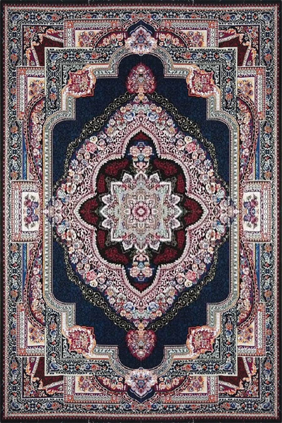 فرش کاشان 500 شانه طرح باغ معلق زمینه سورمه ای (غیربرجسته)