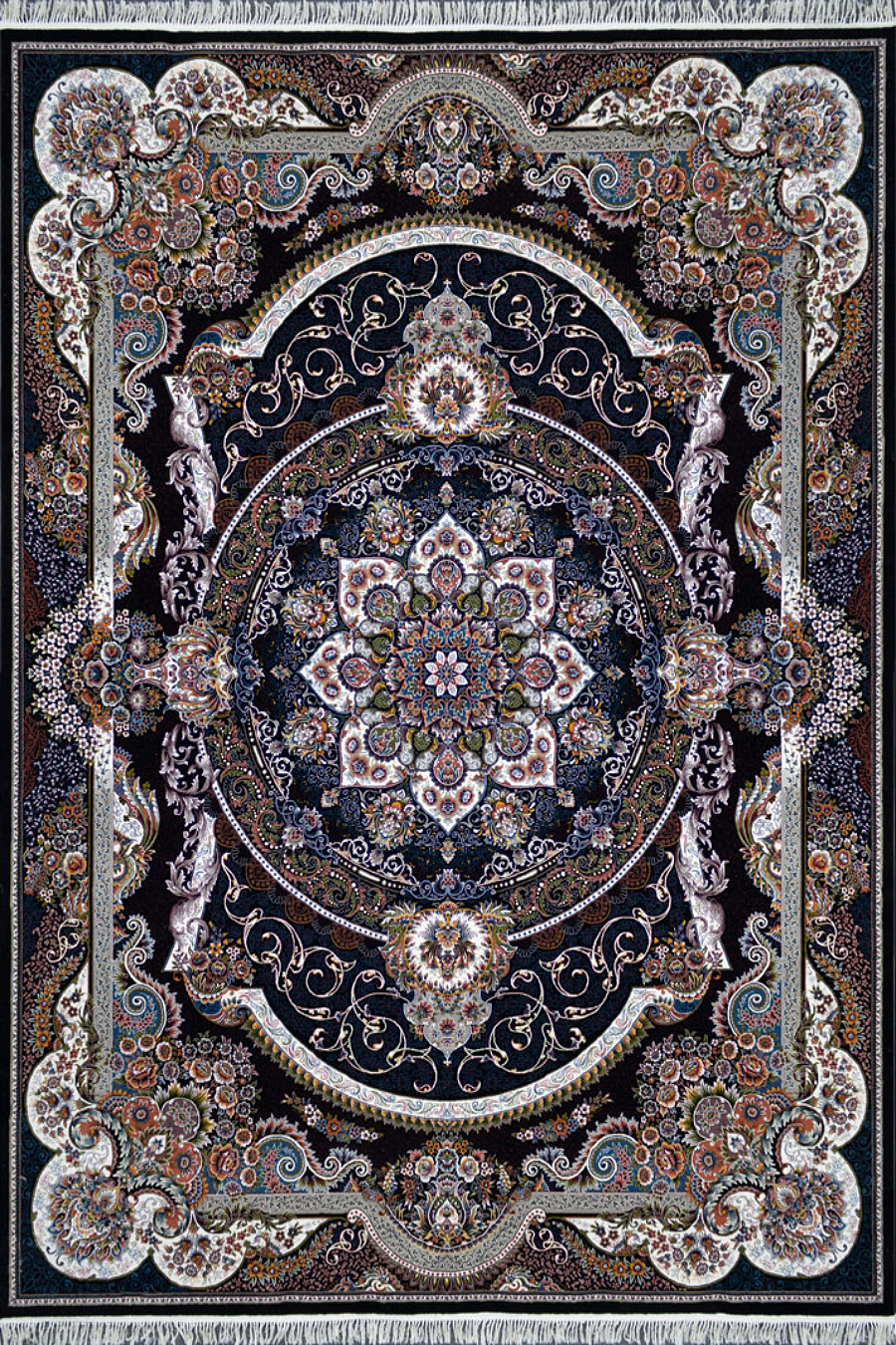 فرش کاشان 700 شانه طرح مانا زمینه سورمه ای (غیربرجسته)