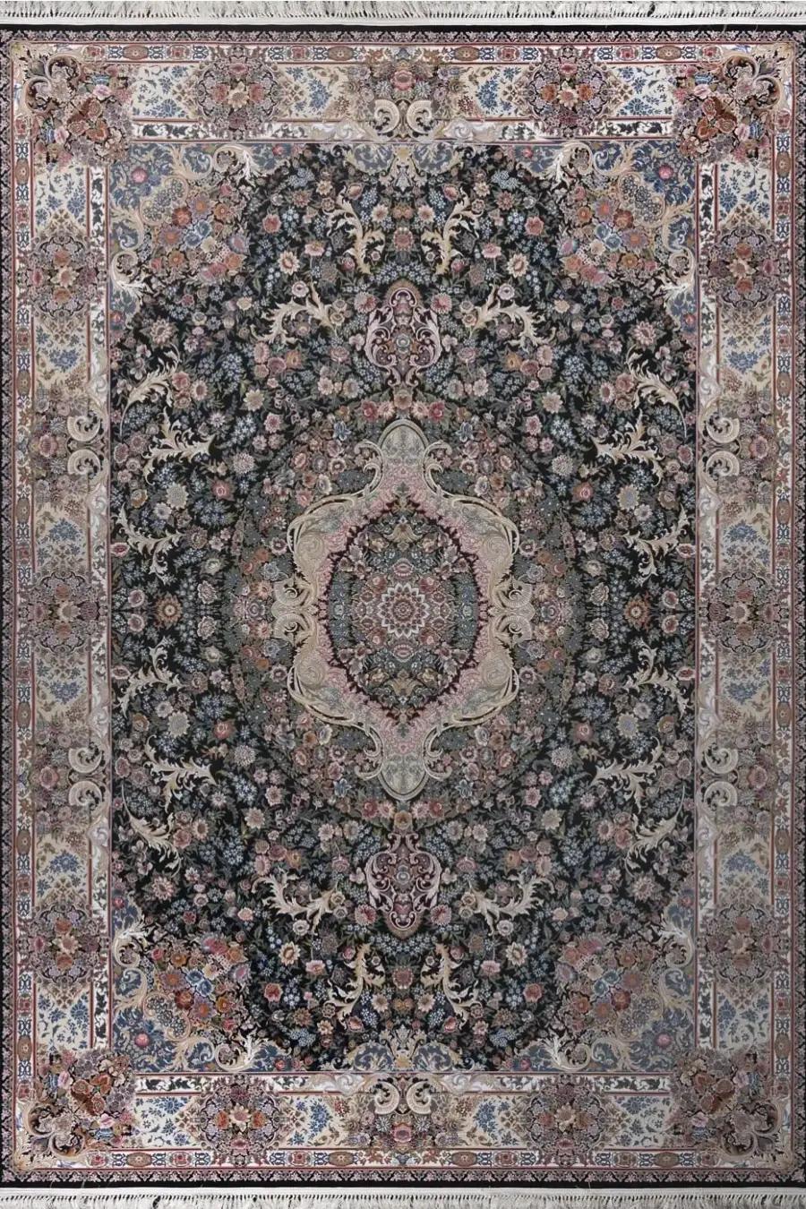 فرش بهشتی 1200 شانه کلکسیون تبریز کد 1121 زمینه سورمه ای (برجسته)