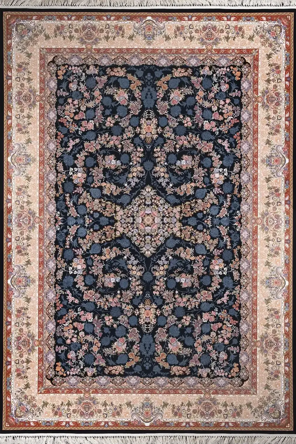 فرش بهشتی 1200 شانه کلکسیون تبریز کد 1261 زمینه سورمه ای (برجسته)