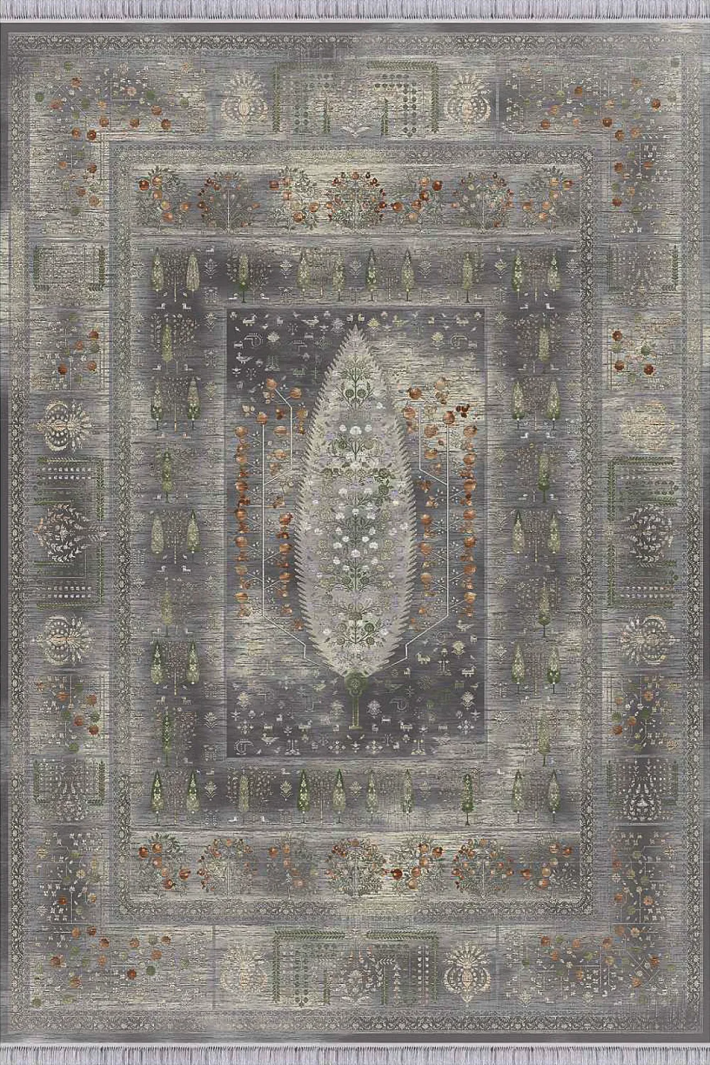 فرش مهدیان 1500 شانه کلکسیون حریر و طلاکوب طرح درخت زندگی زمینه فیلی (برجسته)