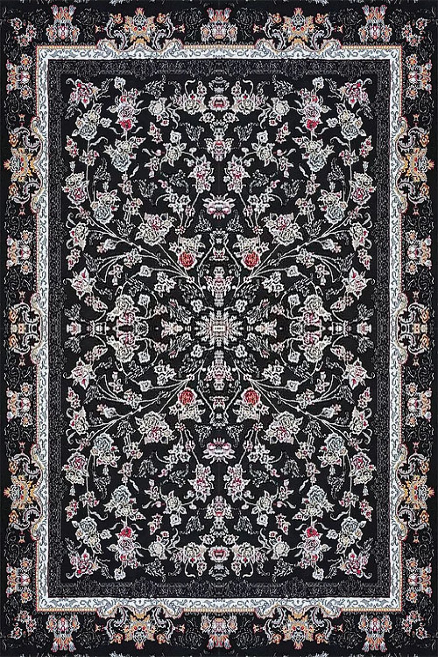 فرش کاشان 500 شانه طرح جانان زمینه مشکی (غیربرجسته)