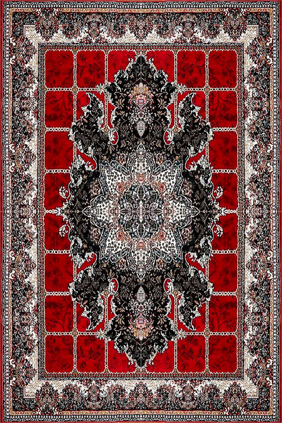 فرش ماشینی کاشان 440 شانه طرح هیوا زمینه لاکی (غیربرجسته)