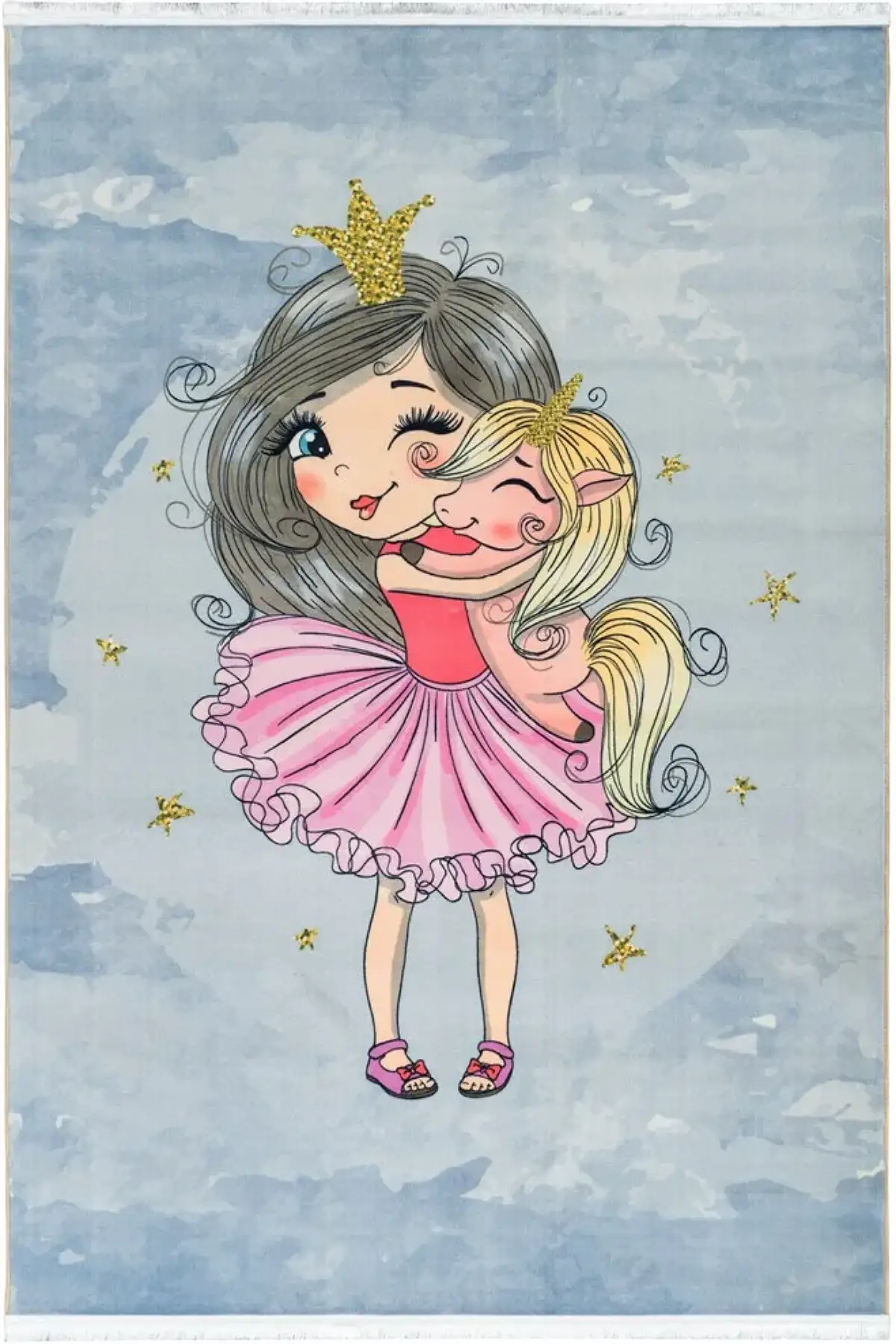 فرش محتشم اتاق کودک طرح پرنسس و یونیکورن کد 101210 زمینه طوسی (غیربرجسته)