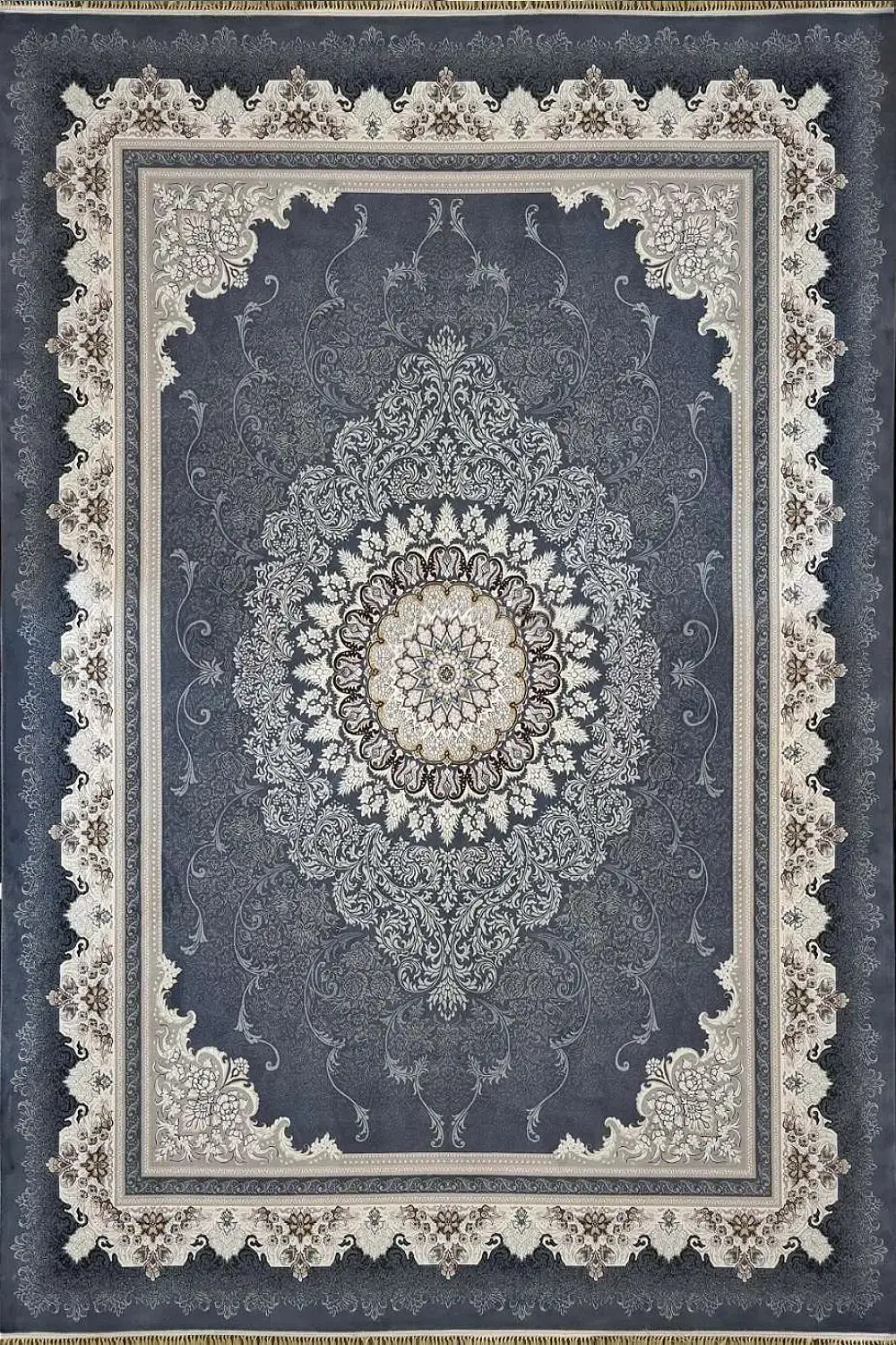 فرش کاشان 700 شانه طرح دلاریس زمینه دودی (غیربرجسته)