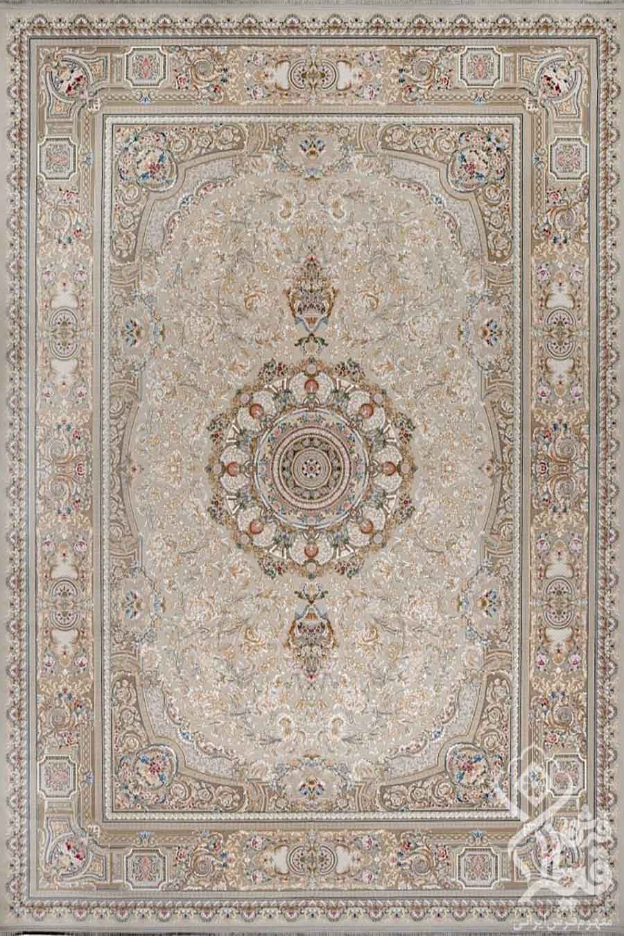 فرش قیطران 1200 شانه کلکسیون افسانه طرح رابیا زمینه کرم | فرش ماشینی گل برجسته قیطران با تراکم 3600