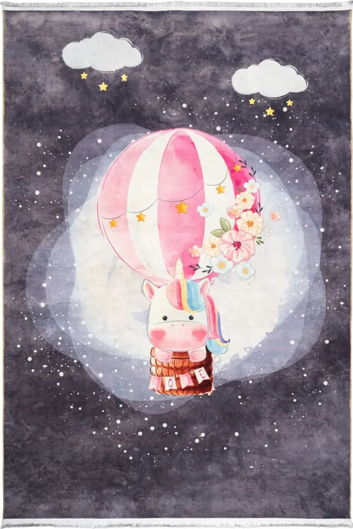 فرش محتشم اتاق کودک طرح اسب تک شاخ بالن سوار کد 2599009090 زمینه تمام رنگ (غیربرجسته)