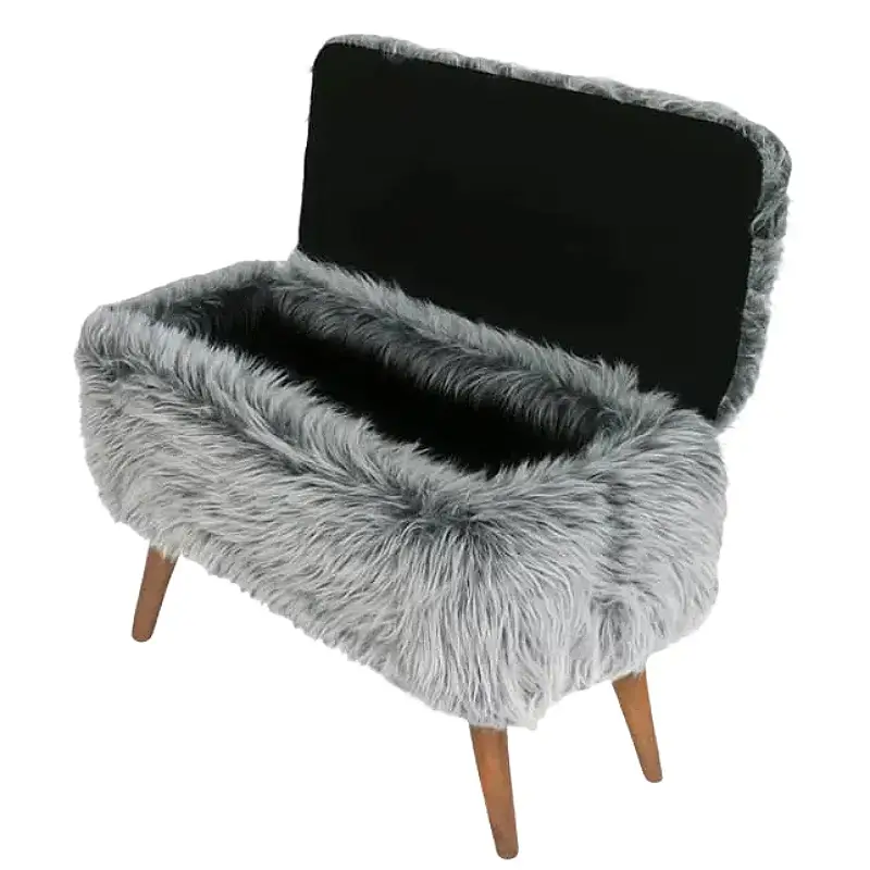 پاف نیمکت نشسته دو نفره باکس دار خزدار پایه چوبی رنگ طوسی