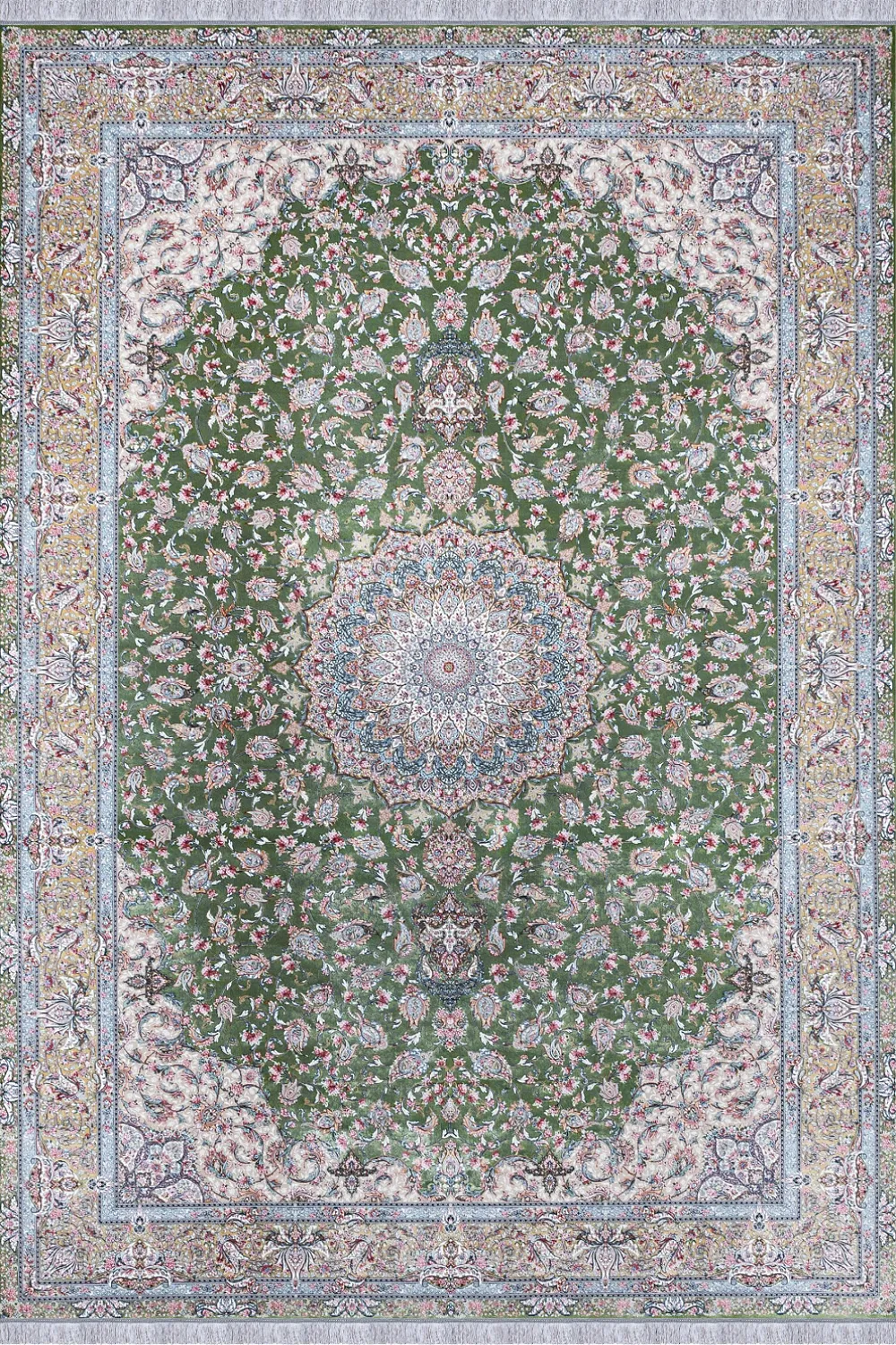 فرش مهدیان 1500 شانه کلکسیون والری کد 50205 زمینه سبز (برجسته)
