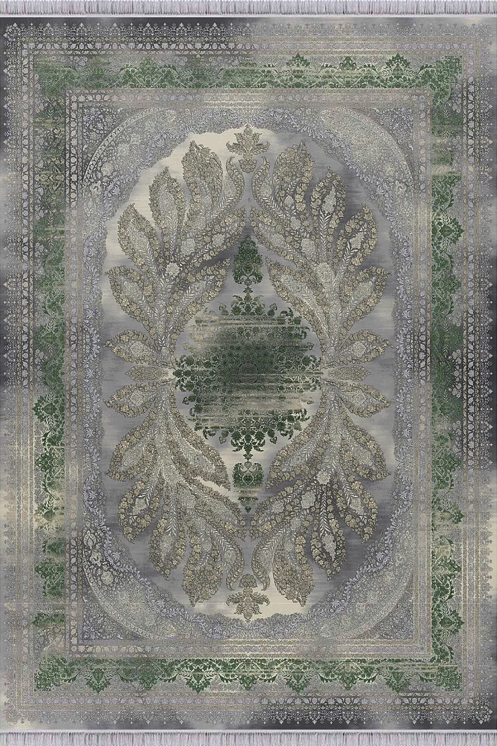 فرش مهدیان 1500 شانه کلکسیون حریر و طلاکوب طرح ملکه زمینه سبز (برجسته)