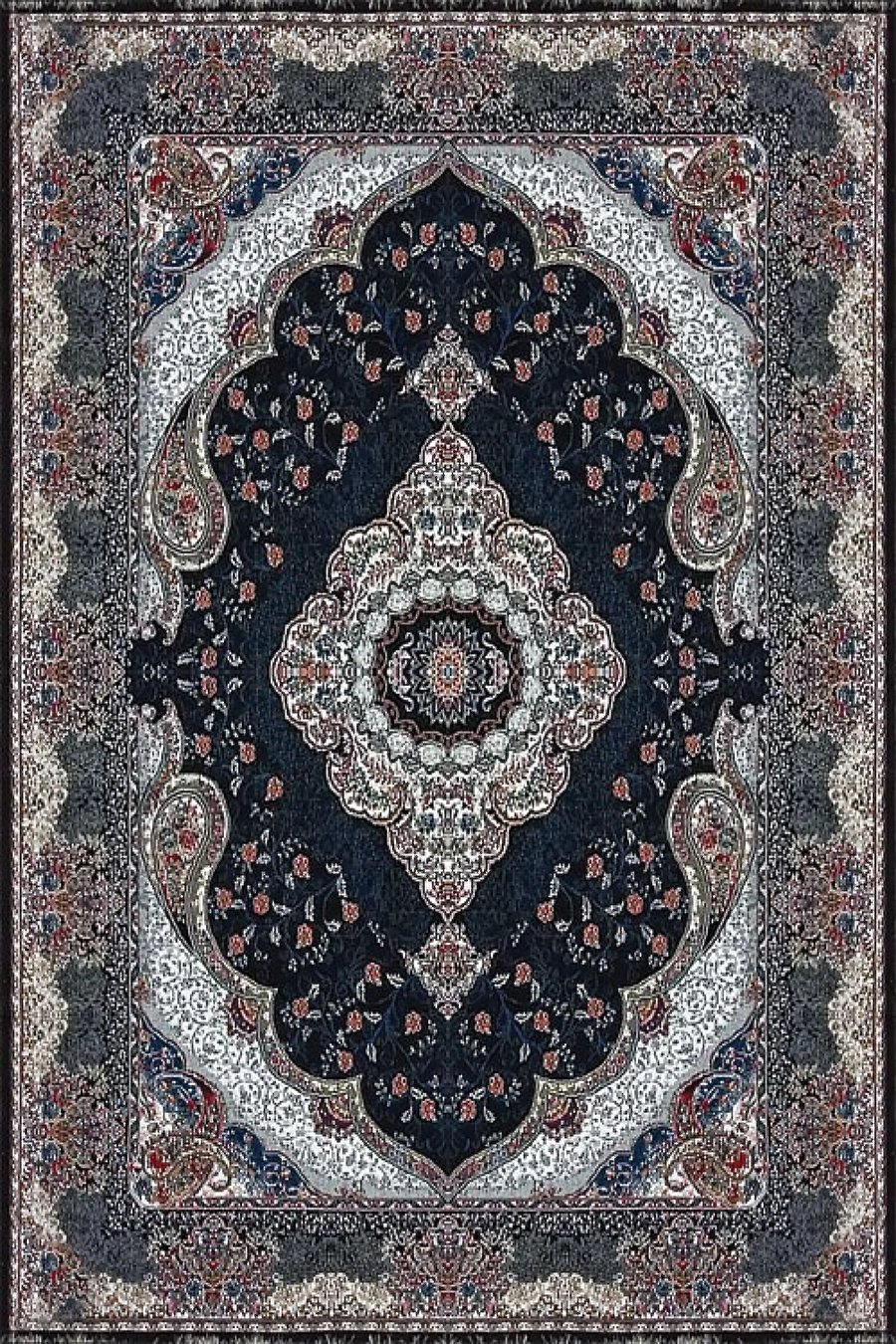 فرش ماشینی بافت رخ 440 شانه طرح ترمه زمینه سورمه ای (غیربرجسته)