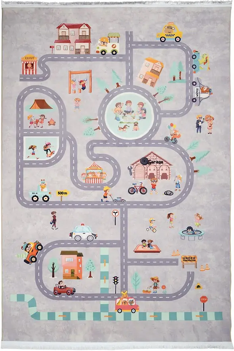 فرش محتشم اتاق کودک طرح شهروندان کوچولو کد 101270 زمینه طوسی (غیربرجسته)