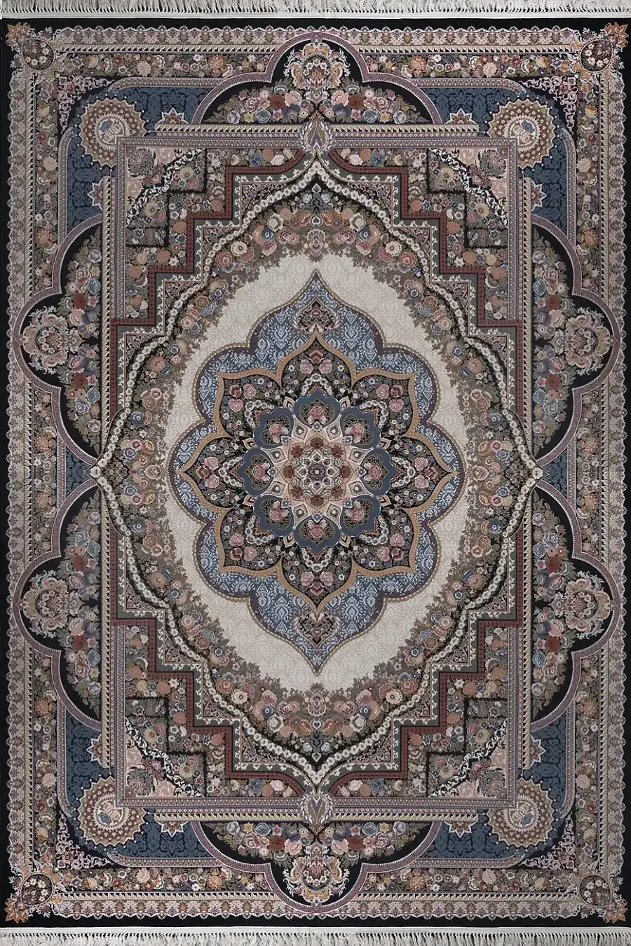 فرش بهشتی 1200 شانه کلکسیون تبریز کد 1041 زمینه سورمه ای (برجسته)
