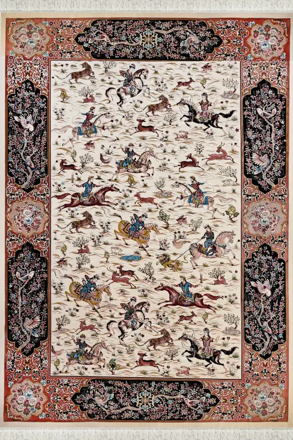 فرش بهشتی تبریز 1500 شانه کلکسیون شاهان کد 1527 زمینه کرم-مسی (برجسته)