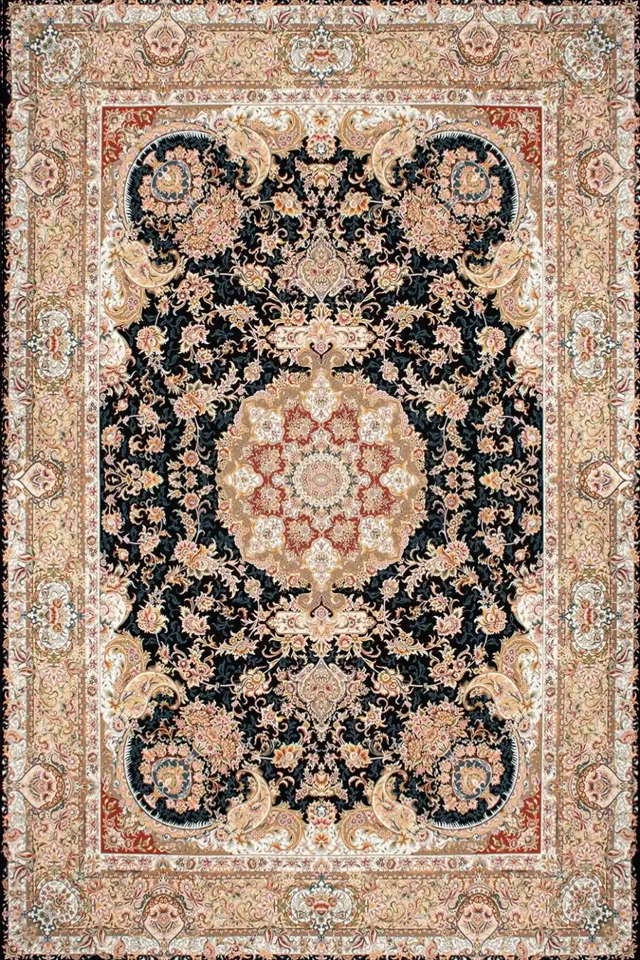 فرش بهشتی 1200 شانه کلکسیون تبریز کد 1091 زمینه مشکی (برجسته)