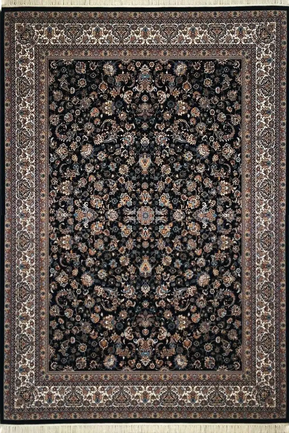 فرش کاشان 700 شانه طرح افشان درباری زمینه سورمه ای (غیربرجسته)