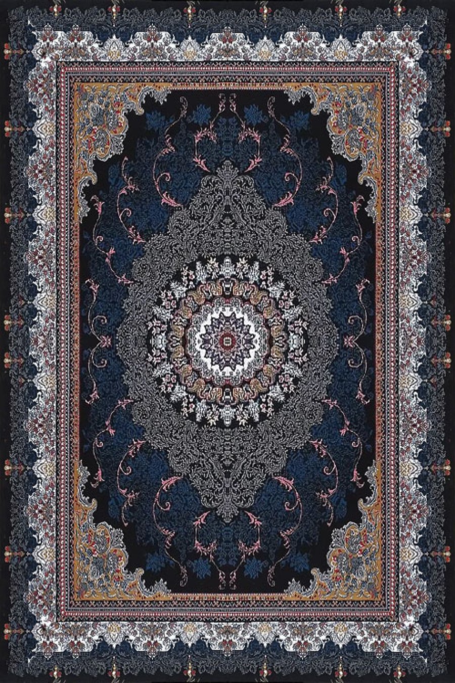 فرش ماشینی بافت رخ 440 شانه طرح دلاریس زمینه سورمه ای (غیربرجسته)