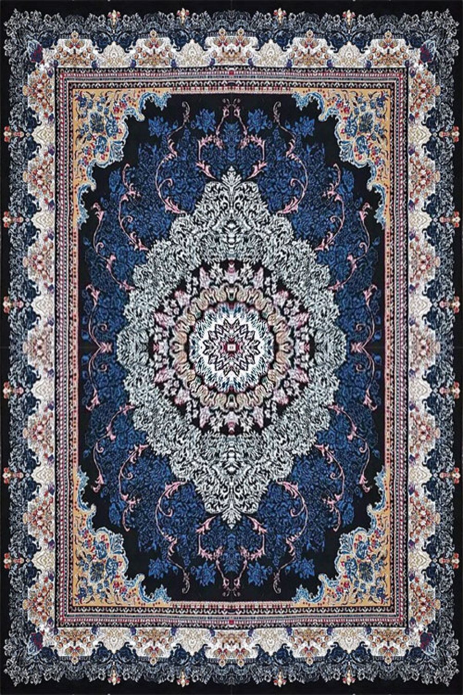 فرش کاشان 500 شانه طرح دلاریس زمینه مشکی (غیربرجسته)