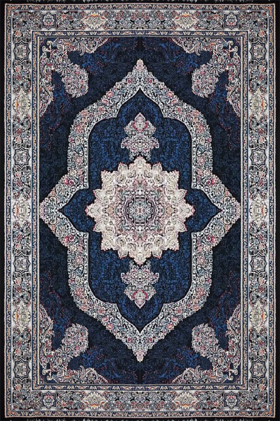 فرش کاشان 500 شانه طرح کارینا زمینه مشکی (غیربرجسته)