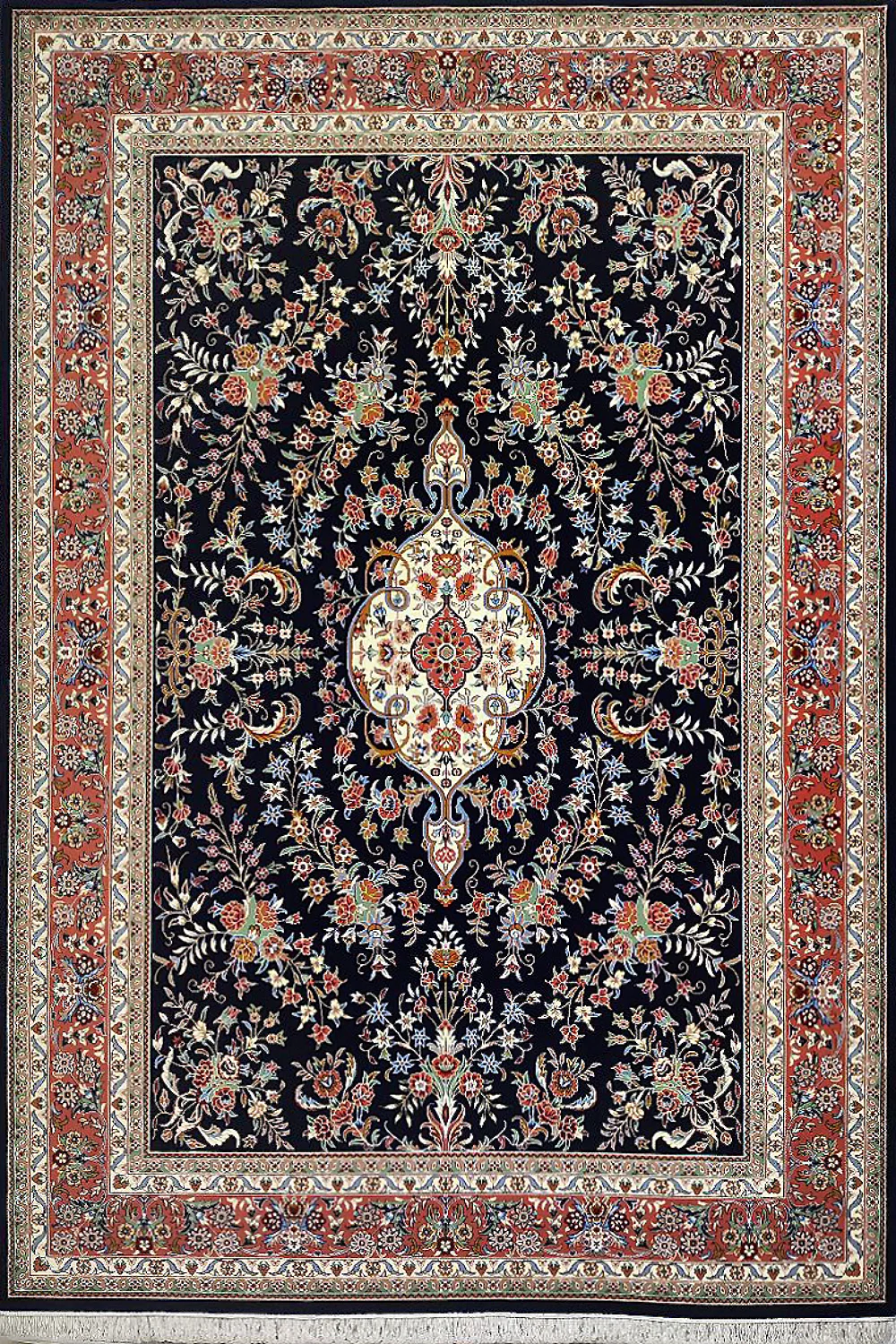 فرش ستاره کویر یزد 500 شانه کلکسیون شاهین کد SK زمینه سورمه ای حاشیه مسی (غیربرجسته)