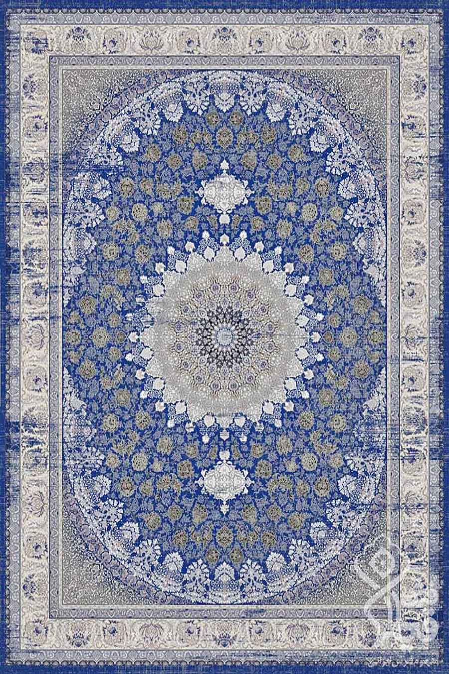 فرش قیطران 1200 شانه کلکسیون مروارید طرح کورا زمینه آبی نقره‌ای | فرش ماشینی گل برجسته قیطران
