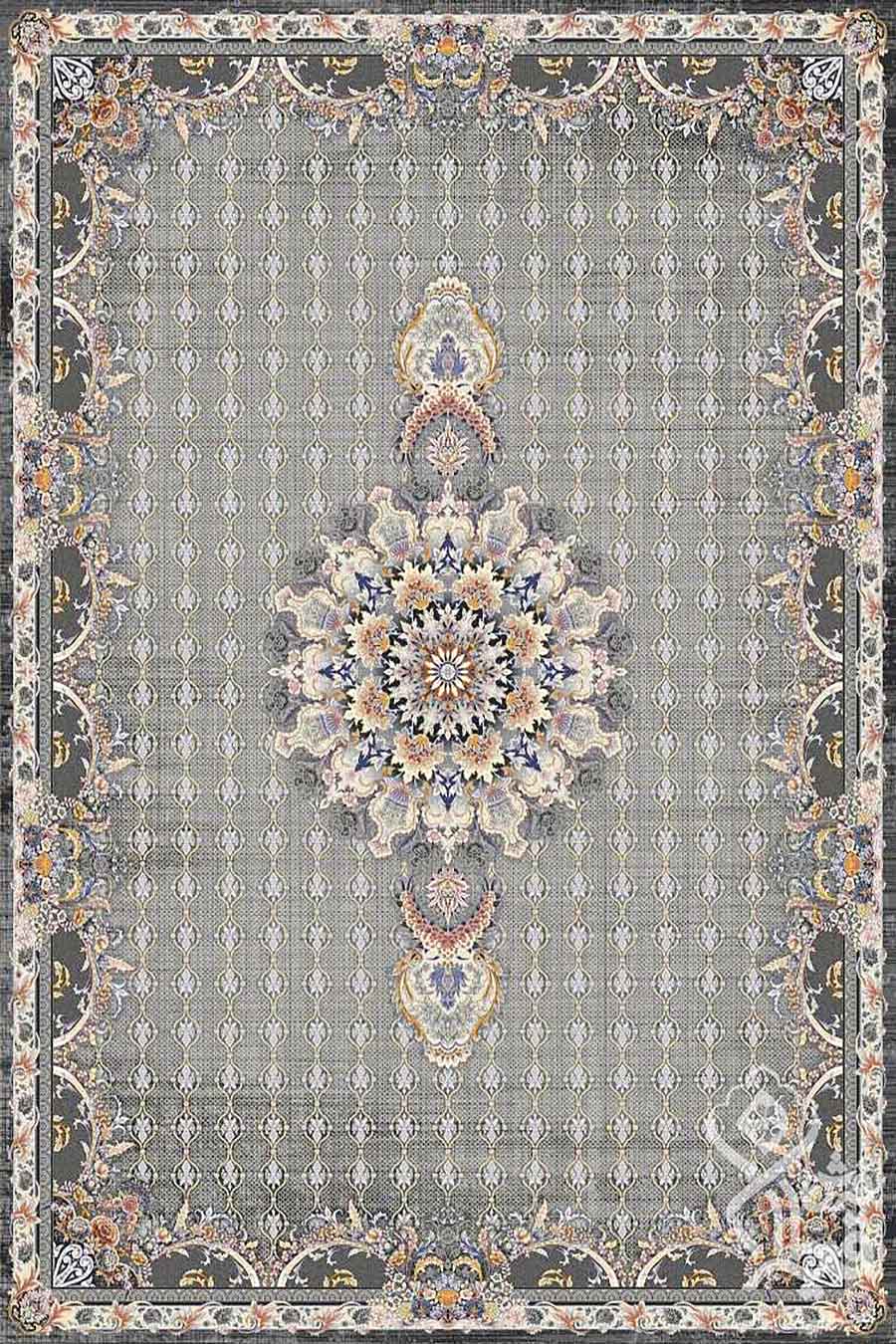 فرش قیطران 1200 شانه کلکسیون مروارید طرح مهرنوش زمینه فیلی | فرش گل برجسته قیطران با تراکم 3600