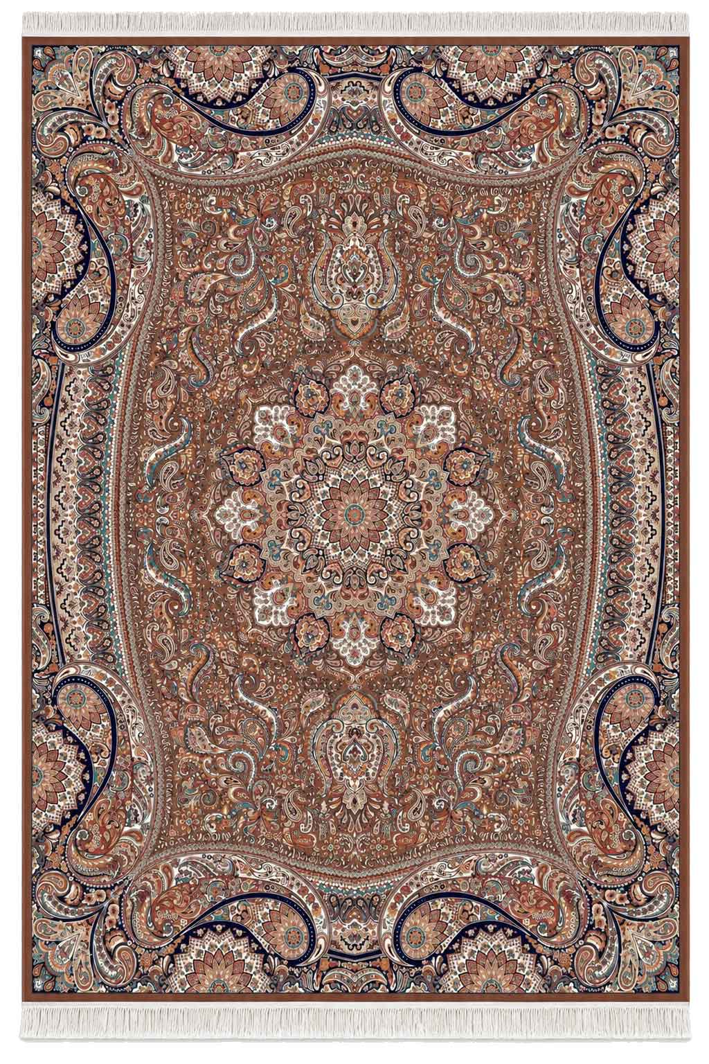 فرش کاشان 500 شانه طرح پارادایس زمینه گردویی غیر برجسته سایز 1.5×2.25 متر (تخفیف ویژه)