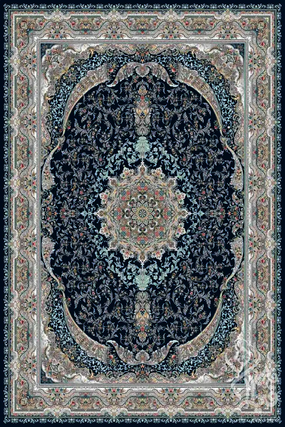 فرش قیطران 1200 شانه کلکسیون پارادایس طرح کارلوف زمینه سورمه ای (برجسته)