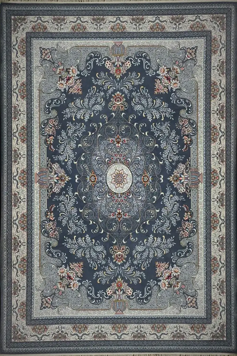 فرش کاشان 700 شانه طرح محیا زمینه دودی (غیربرجسته)