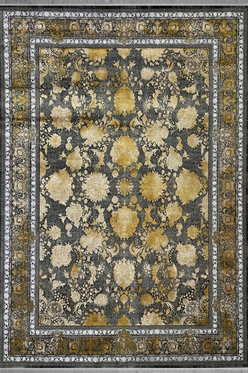 فرش مهدیان 700 شانه کلکسیون دینارسو کد 70033 زمینه ذغالی-طلایی (برجسته)