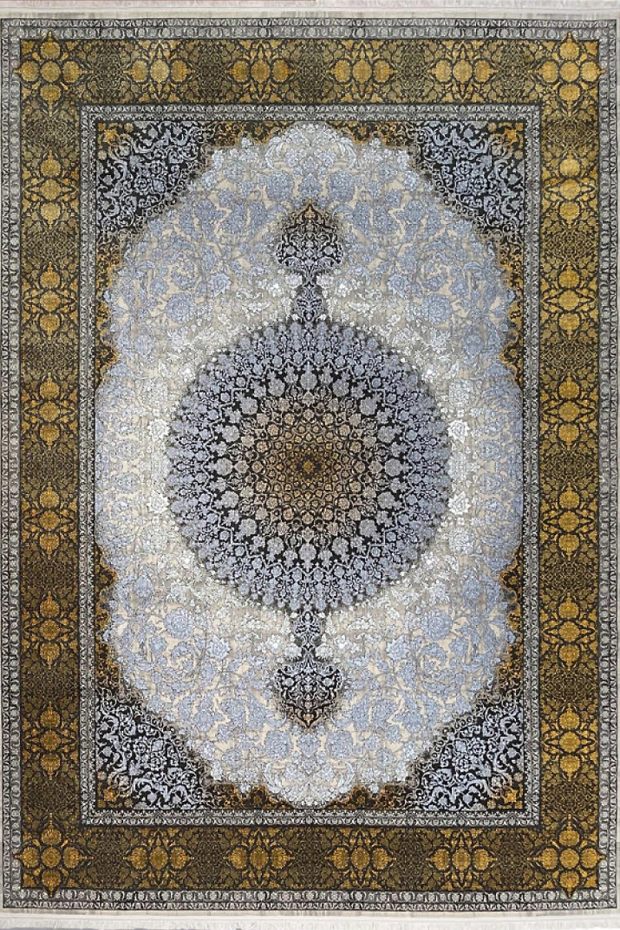 فرش مهدیان 700 شانه کلکسیون دینارسو کد 70011 زمینه نقره ای-طلایی (برجسته)
