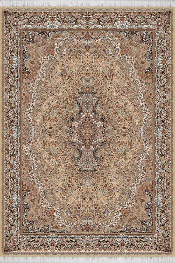 فرش کاشان 700 شانه طرح گلستان زمینه گردویی-کرم (غیربرجسته)