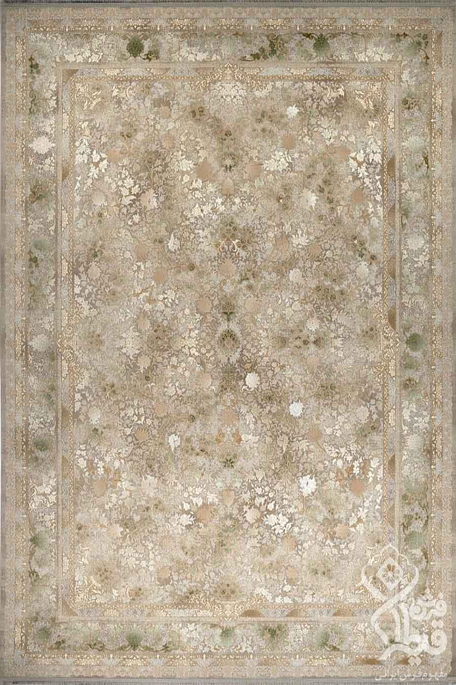 فرش قیطران 1200 شانه کلکسیون افسانه طرح ایریس زمینه کرم حاشیه سبز