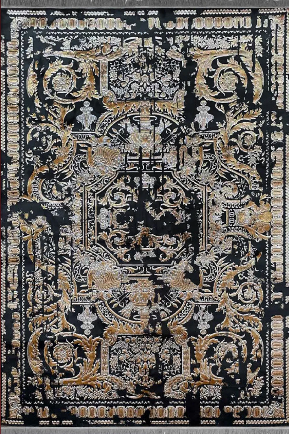 فرش مهدیان 700 شانه کلکسیون دینارسو کد 70026 زمینه ذغالی-طلایی (برجسته)
