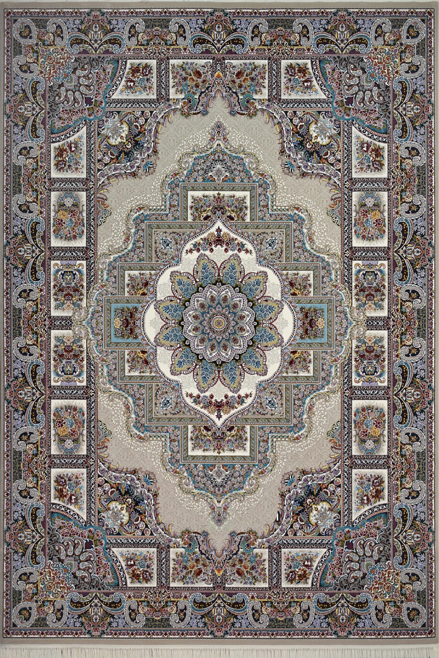 فرش کاشان 700 شانه طرح حوض نقره زمینه ترمه ای (غیربرجسته)