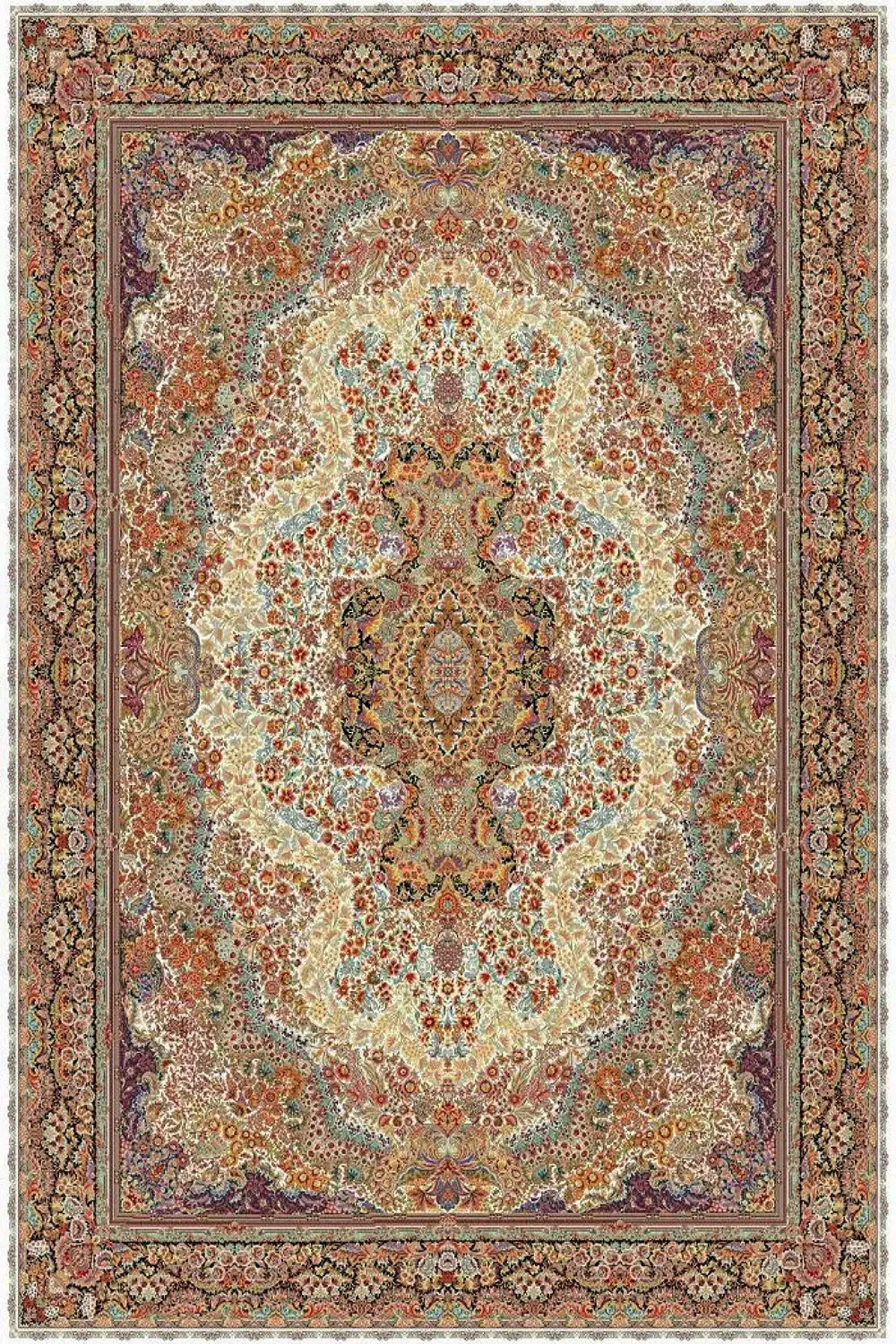 فرش کاشان 700 شانه طرح گلستان زمینه کرم (غیربرجسته)