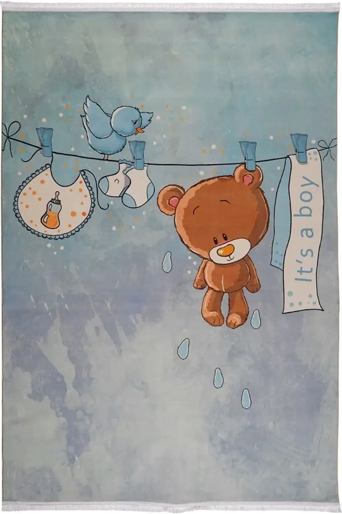 فرش محتشم اتاق کودک طرح خرس خیس کد 100262 زمینه آبی (غیربرجسته)