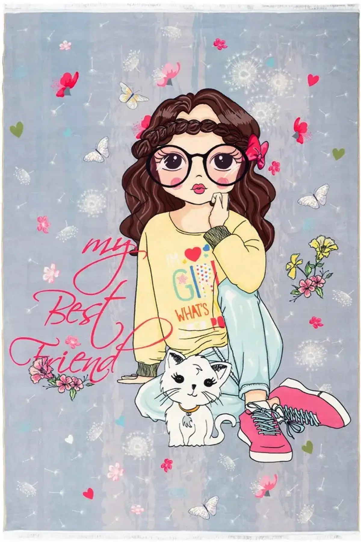 فرش محتشم اتاق کودک طرح دختر و گربه کد 101234 زمینه تمام رنگ (غیربرجسته)