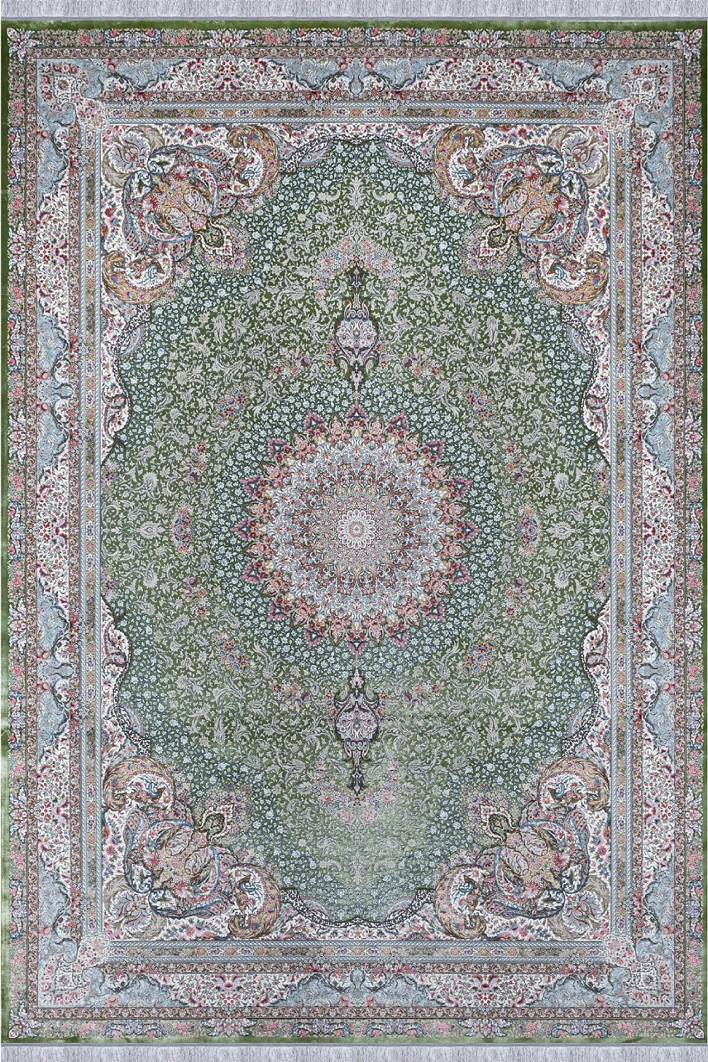فرش مهدیان 1500 شانه کلکسیون والری کد 50104 زمینه سبز (برجسته)