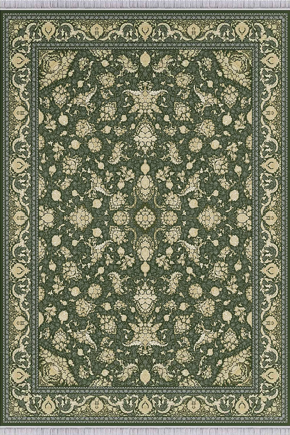 فرش مهدیان 1500 شانه کلکسیون حریر و طلاکوب طرح کارن زمینه سبز (برجسته)
