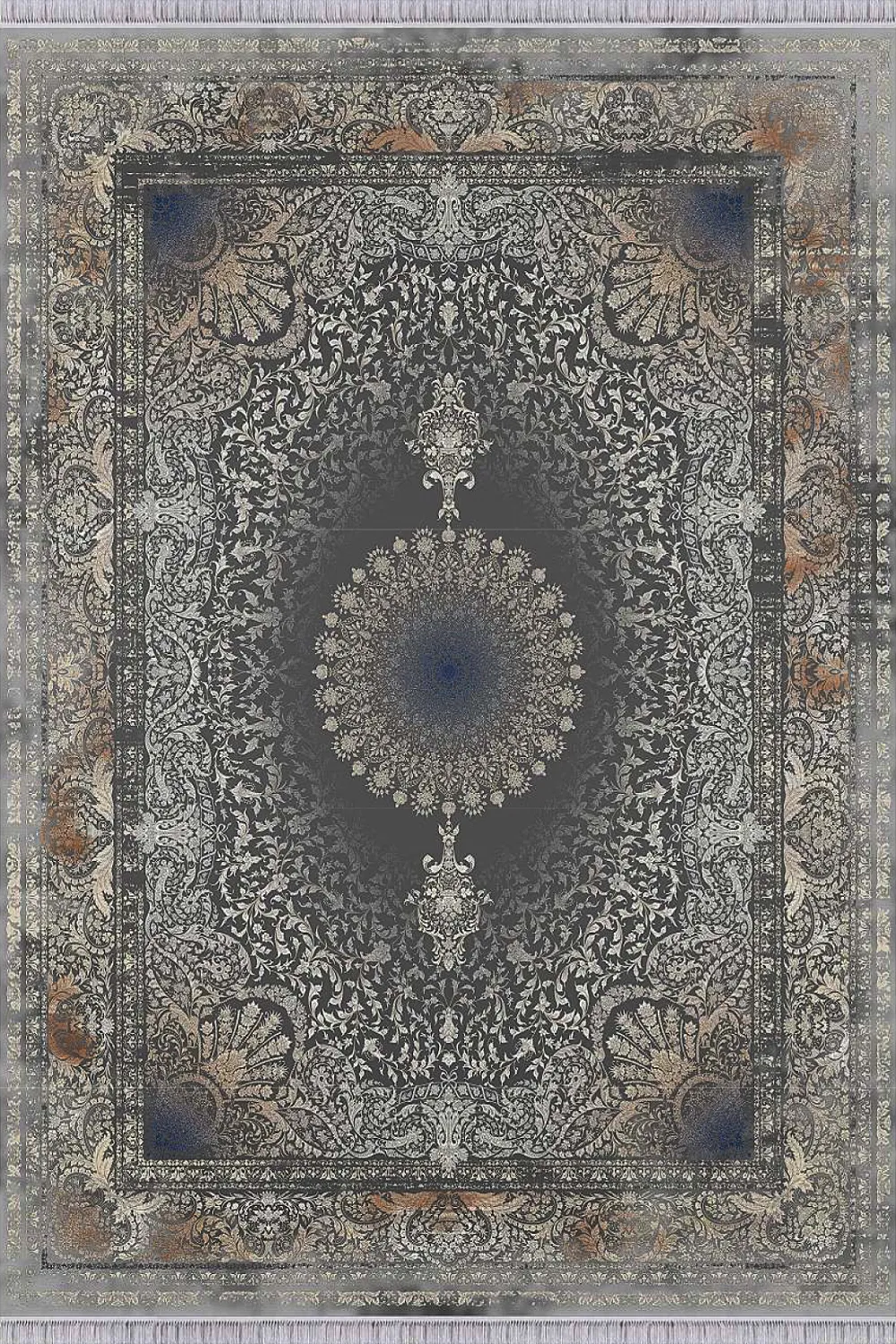 فرش مهدیان 1500 شانه کلکسیون حریر و طلاکوب طرح جورجینا زمینه سربی (برجسته)