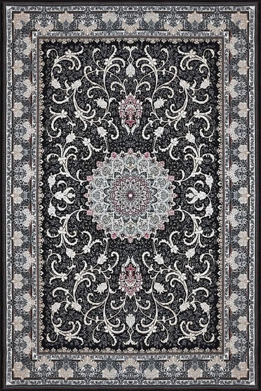 فرش کاشان 500 شانه طرح طناز زمینه مشکی (غیربرجسته)