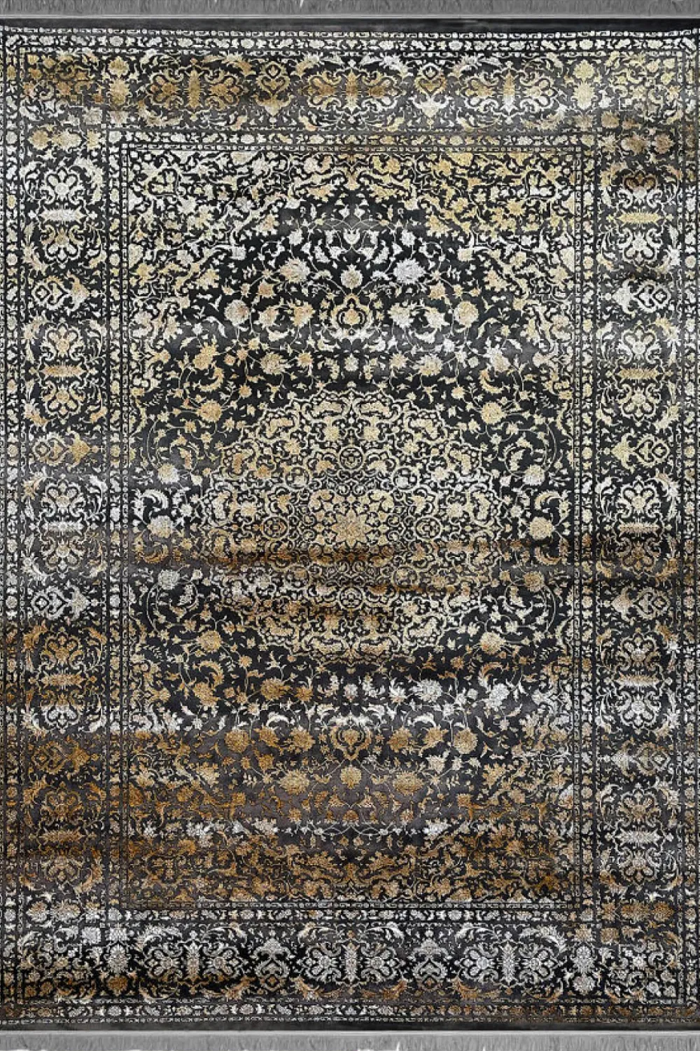 فرش مهدیان 700 شانه کلکسیون دینارسو کد 70026 زمینه ذغالی-طلایی (برجسته)