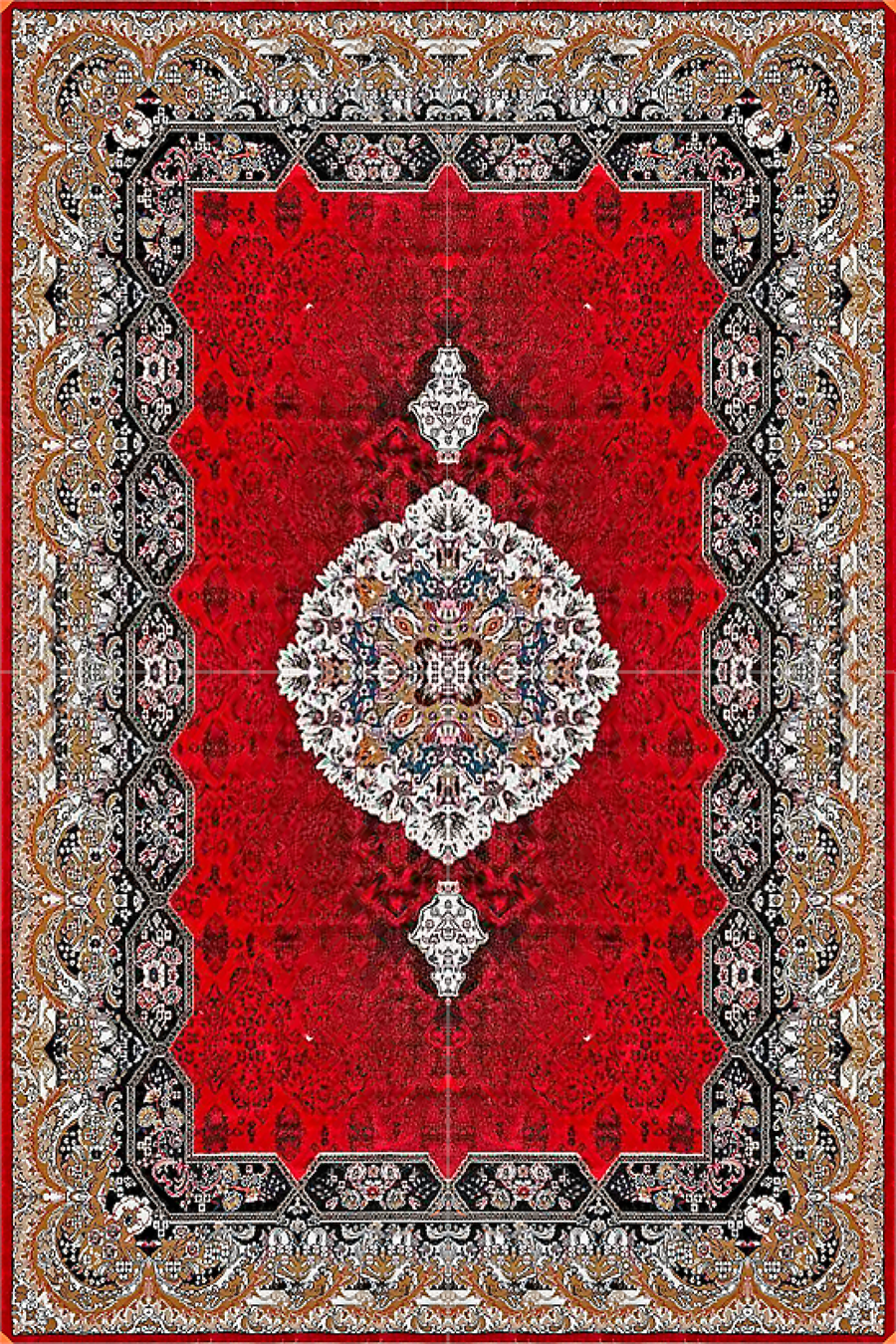 فرش ماشینی کاشان 440 شانه طرح هالیدی زمینه لاکی (غیربرجسته)