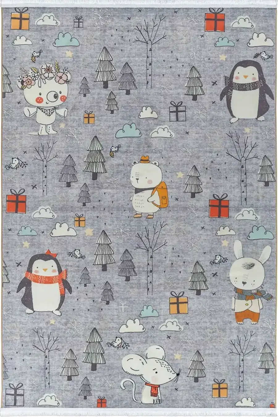 فرش محتشم اتاق کودک طرح ماجراجویان جنگل کد 25KM0180 زمینه طوسی (غیربرجسته)